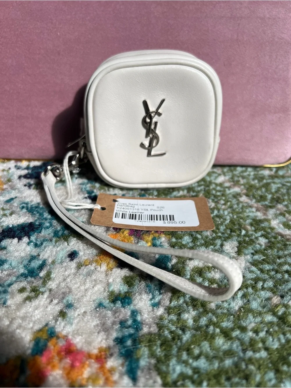 Yves Saint Laurent White Leather Square Logo Coin Pouch